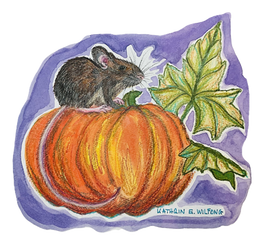 Illustration of a mouse sitting on a pumpkin by Kathrin Wilfong; mixed media artwork
