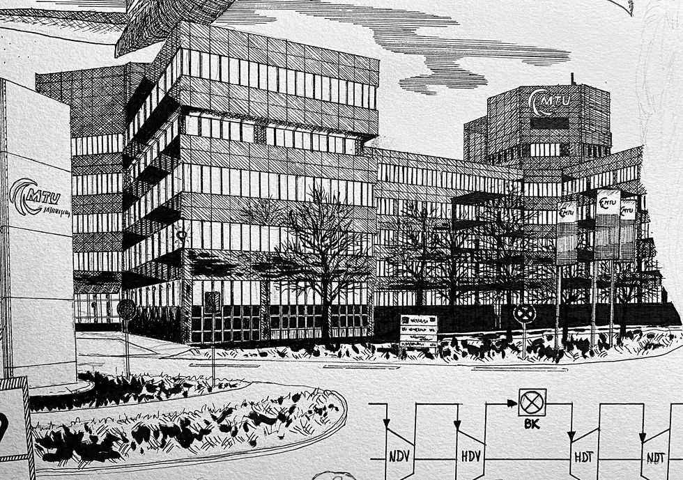 Black and white drawing of a modern building