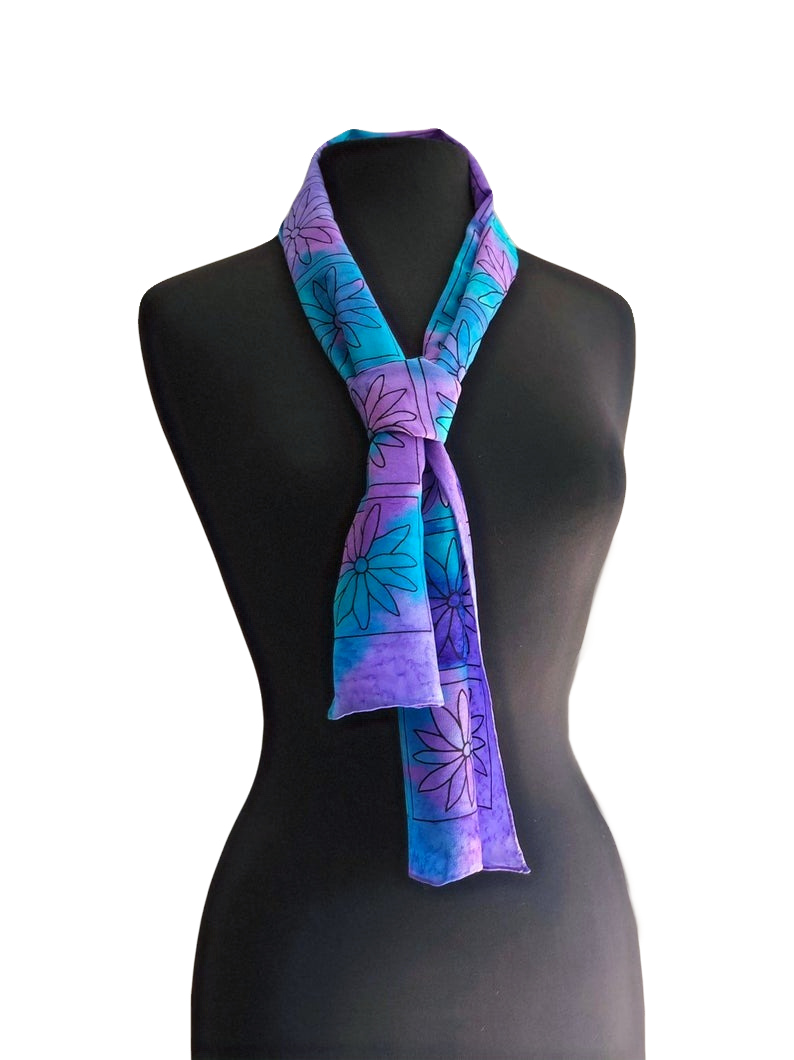 Thumbnail: Tie Style hand painted silk scarf ombré background of ocean colors of turquoise blue, teal and purple, graphic daisy pattern