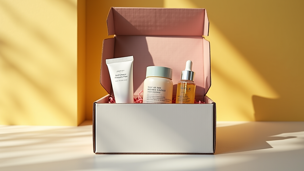 Eye-level view of a beauty subscription box opened with various skincare products inside