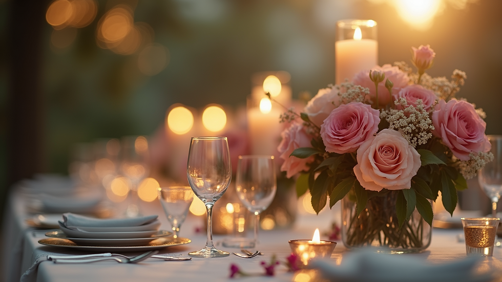 Close-up view of a table centerpiece with flowers and candles