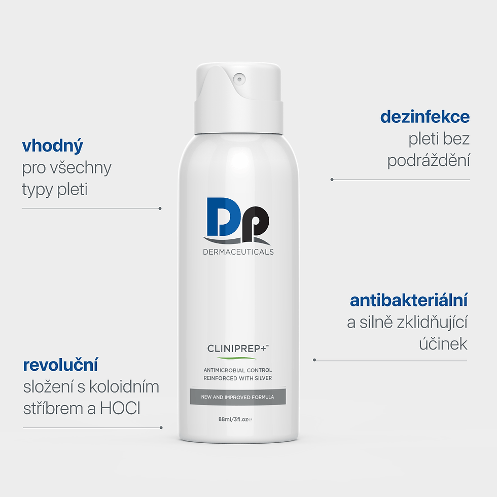 Bílá sprejová láhev Dermaceuticals CliniPrep+ s logem. Texty: vhodný, dezinfekce, revoluční, antibakteriální. Pozadí světle šedé.