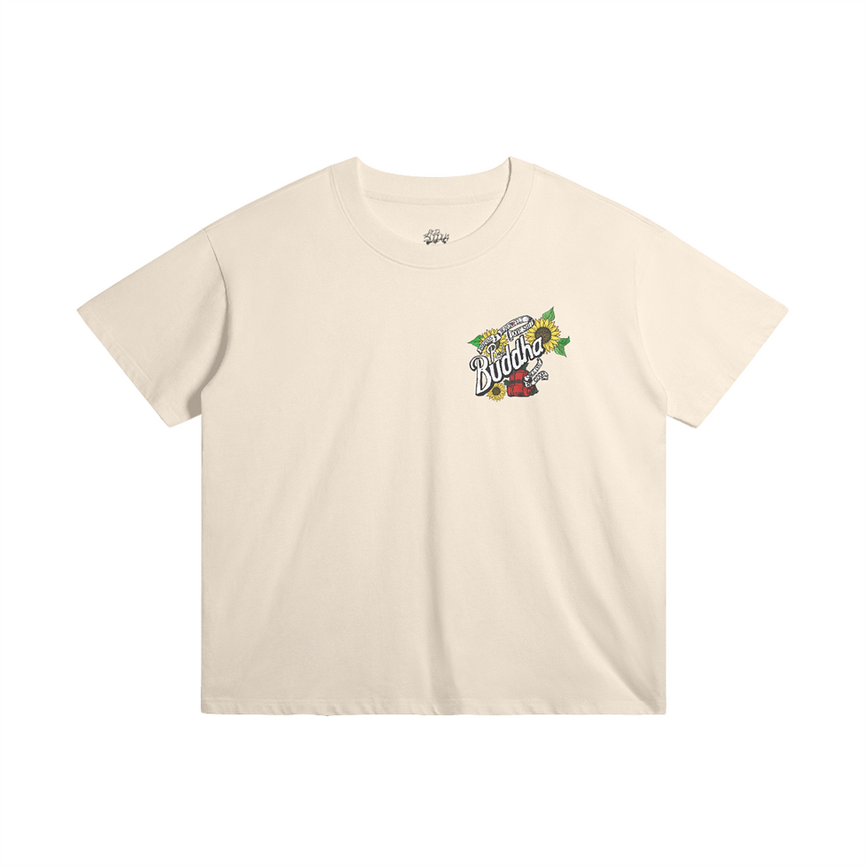 Red Buddha Ecstasy in the Temple of Diana T Shirt Front, Logo & Sunflowers