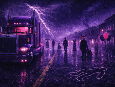 Dark street with lightning, figures stand in rain by a truck. Red-eyed figure holds suitcase. Chalk outline, balloons in foreground. Eerie mood.
