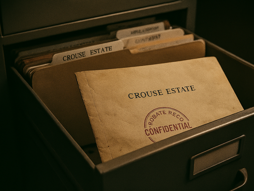 Open drawer with labeled folders; "CROUSE ESTATE" is visible. A folder marked "CONFIDENTIAL" suggests secrecy. Dimly lit setting.