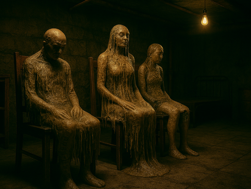 Three figures covered in a wax-like substance sit on chairs in a dimly lit room, under a single light bulb, creating an eerie atmosphere.
