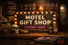 Motel gift shop sign with lights, skull, Route 66 jar, and shirts on a wooden counter. Cozy, nostalgic atmosphere in a vintage setting.