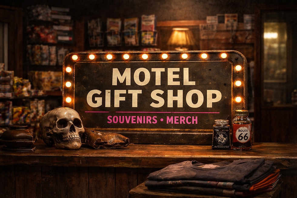 Motel gift shop sign with lights, skull, Route 66 jar, and shirts on a wooden counter. Cozy, nostalgic atmosphere in a vintage setting.