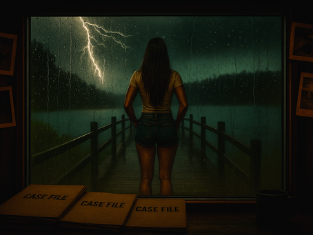 Woman stands indoors facing rainy window with lightning outside. Desk holds "CASE FILE" folders. Moody, dark atmosphere.