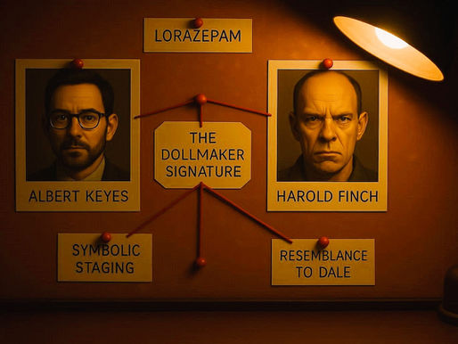 Crime board with photos of two men labeled Albert Keyes and Harold Finch. Connected text includes "Lorazepam," "Symbolic Staging," and "The Dollmaker Signature." Dimly lit.