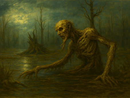 Creepy humanoid creature with tree-like features emerges from a dark swamp. Moonlit sky, eerie mood, bare trees in the background.