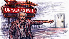 Simon Radford points to a door labeled "Room 12" next to a lit motel sign reading "UNMASKING EVIL." Dark, stormy background emphasizes drama.