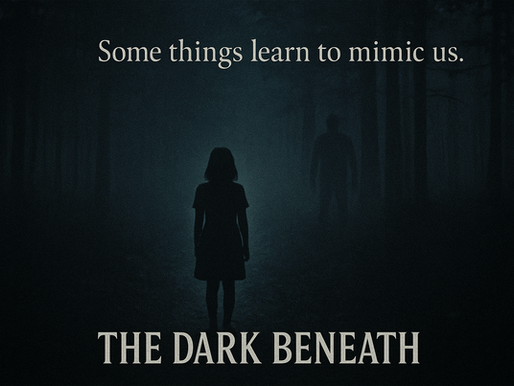 Silhouetted figure in a misty forest, with text "Some things learn to mimic us" and "The Dark Beneath." Moody and mysterious atmosphere.