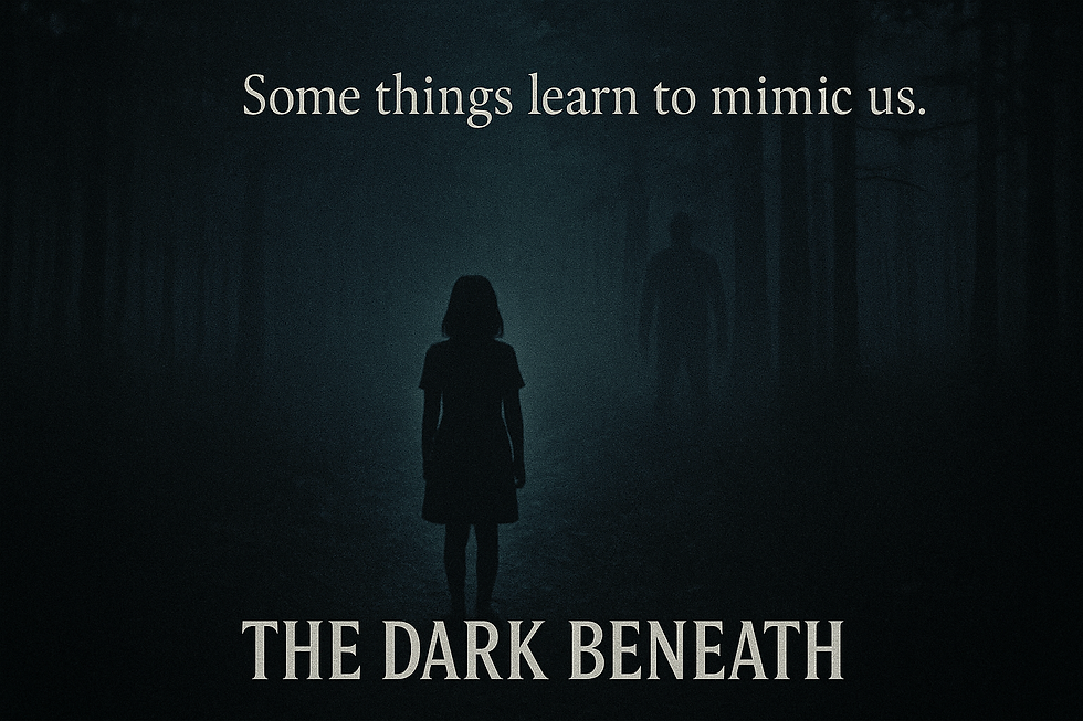 Silhouetted figure in a misty forest, with text "Some things learn to mimic us" and "The Dark Beneath." Moody and mysterious atmosphere.