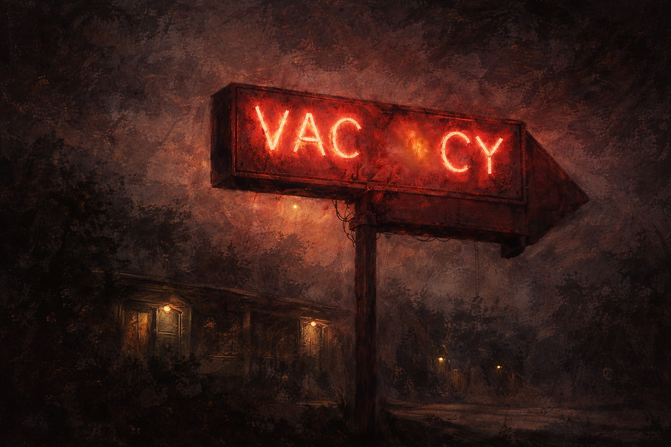 Red neon sign reading "VAC CY" in a dark, moody setting. Background shows dimly lit building amidst dense, shadowy foliage.