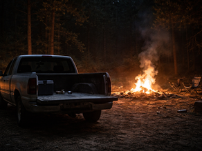 Pickup truck with open tailgate and camping gear by a forest campfire. Two chairs face the fire. Evening setting, warm glow.