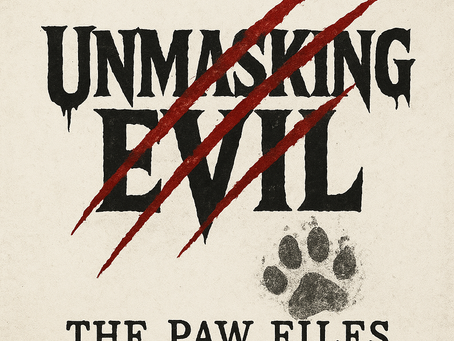 Text reads "Unmasking Evil: The Paw Files" with red claw marks and a paw print, on a beige background. Dark, mysterious mood.