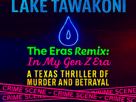 Bright neon book cover with bold text: "Teardrops of Lake Tawakoni." Crime scene tape visual, thriller mood. Written by Bruh, Who Cares.