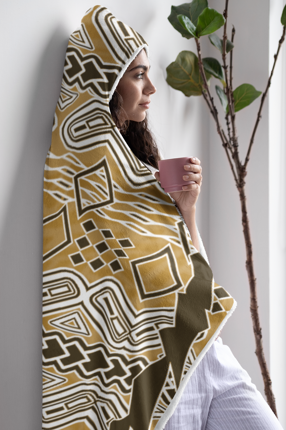 Miniature : Plaid à capuche marron clair avec motifs
