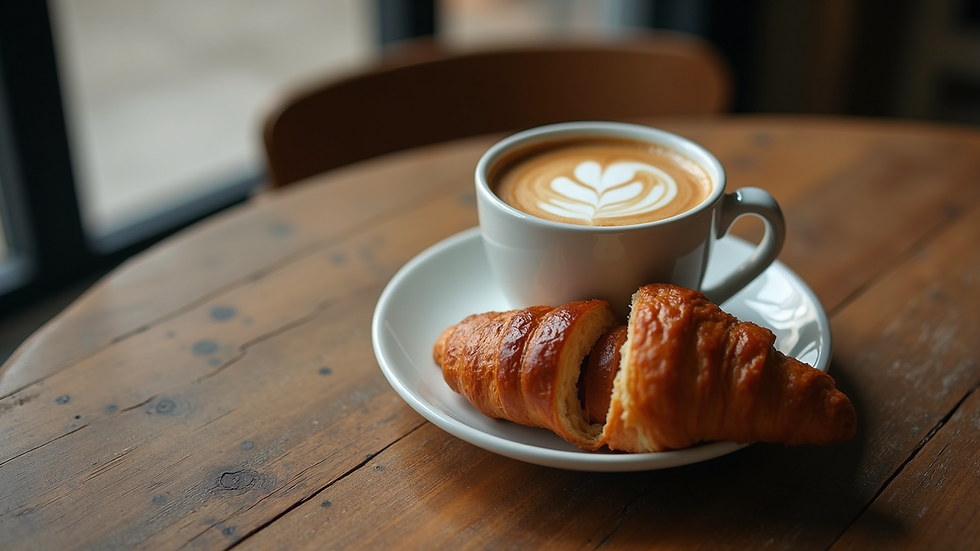 High angle view of a coffee cup and a croissant on a rustic wooden table