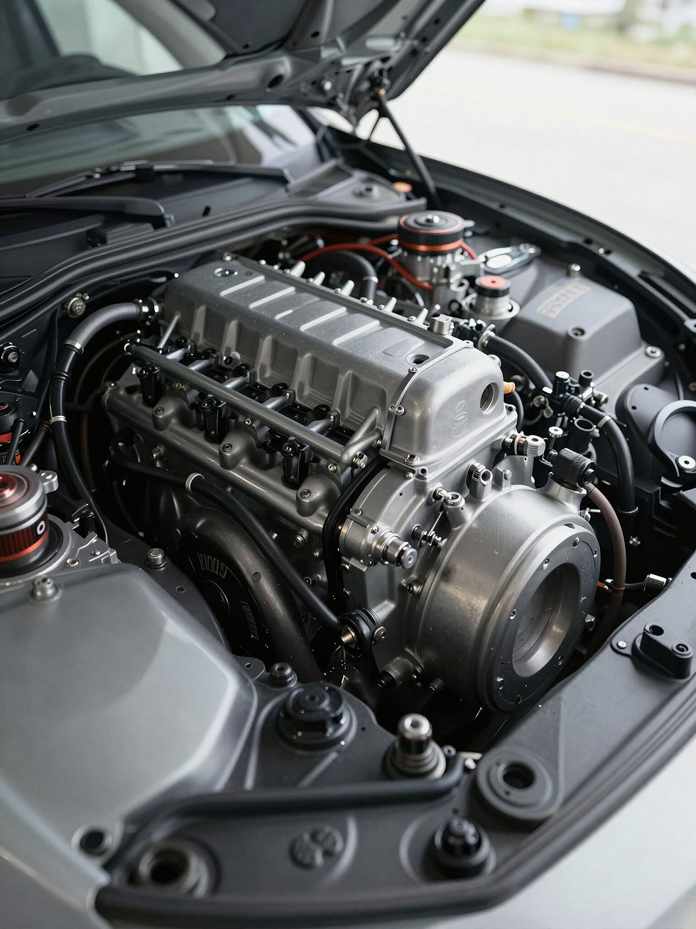 Car engine under hood at auto mechanic repair shop near me