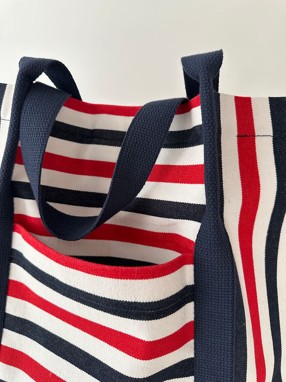 Thumbnail: White Blue and Red striped beach bag detail view