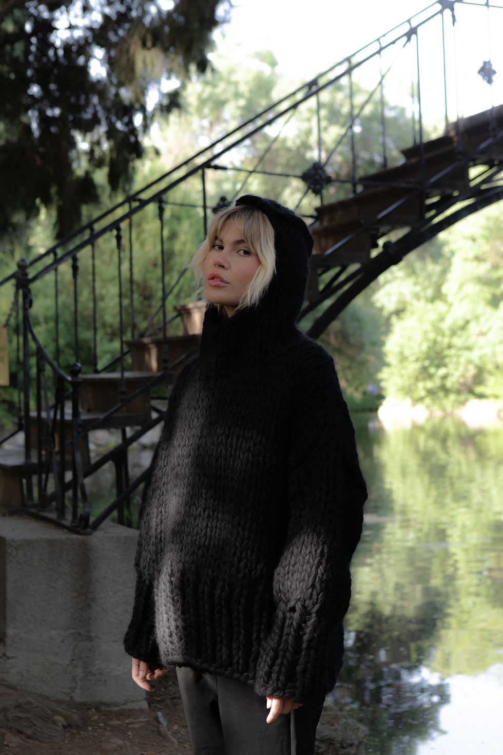 Thumbnail: Black Wool hooded Jumper side view