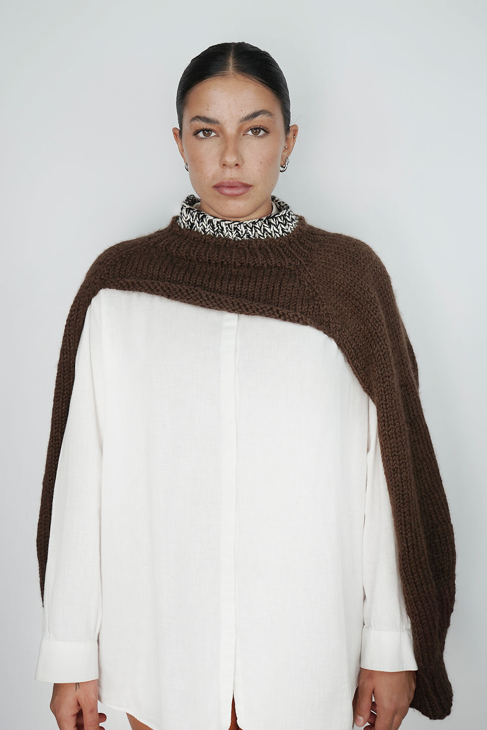 Brown cropped shrug front view