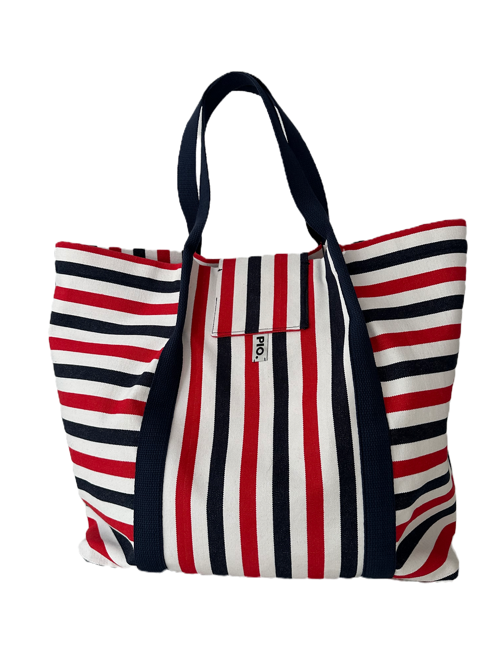 White Blue and Red striped beach bag back view