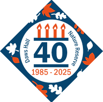 A diamond shaped logo with leaves and the words "Daws Hall Nature Reserve 40th birthday" 1985 to 2025