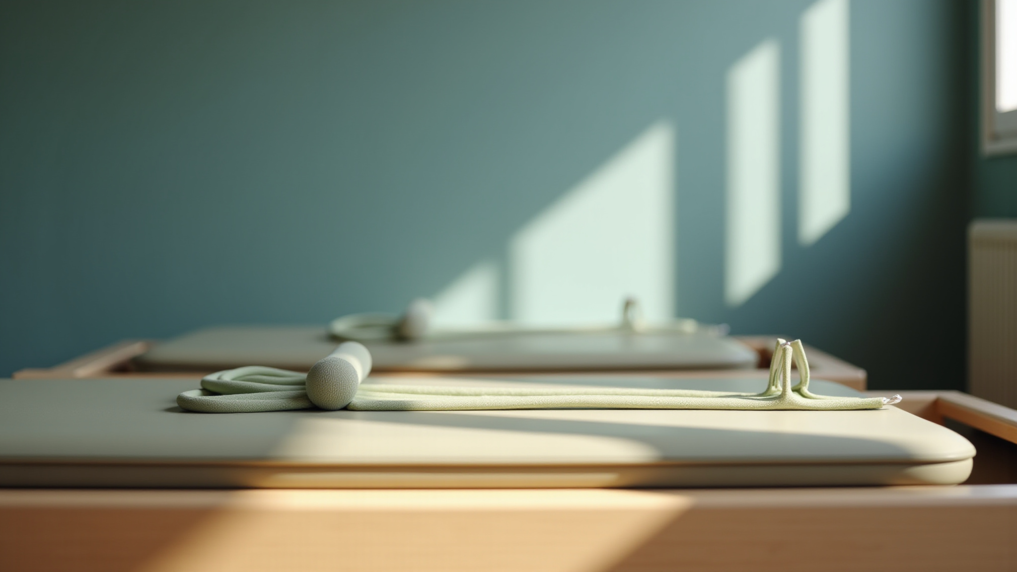 Rolled yoga mats on floor with sunlight