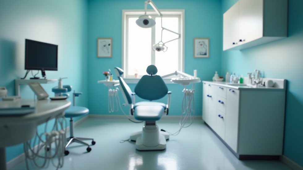 Eye-level view of dental clinic treatment room with dental chair and equipment