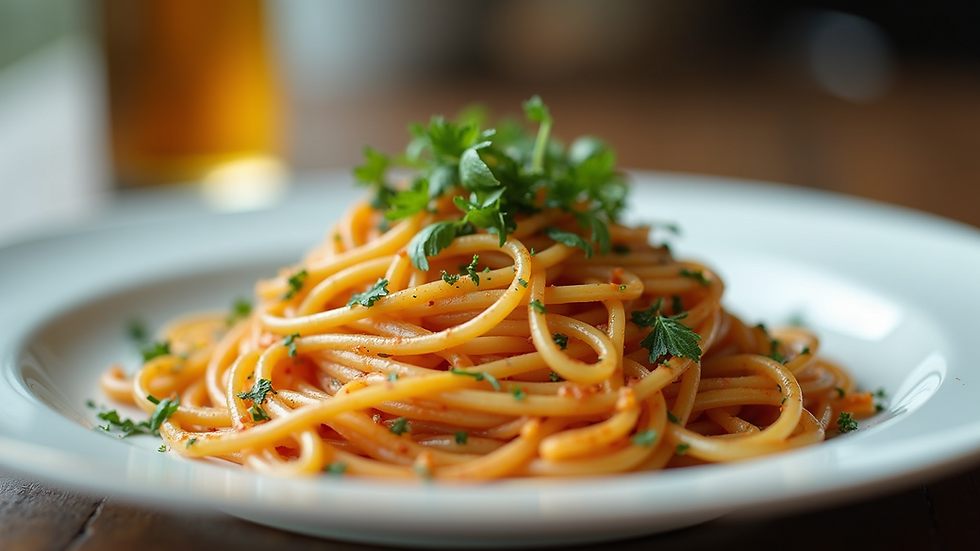 Close-up view of a beautifully plated spaghetti dish with fresh herbs