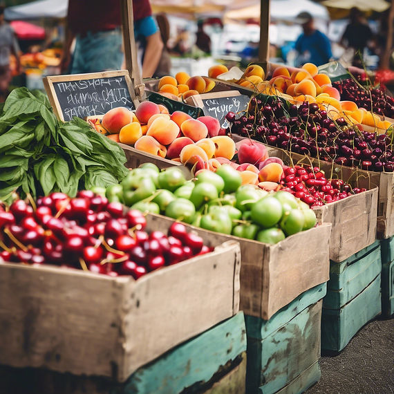 create a picture of a farmers market with cherries, peaches, and vegtables.jpg