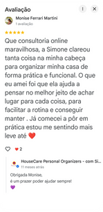 Depoimento de cliente sobre consultoria de organização online com a HouseCare
