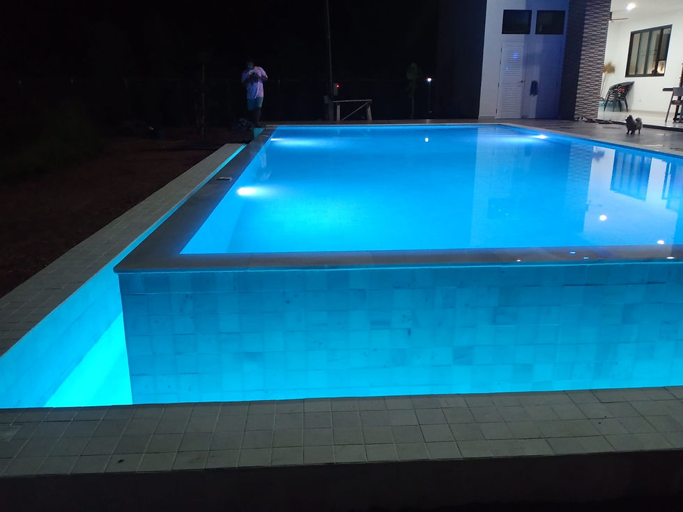 Completed infinity swimming pool overlooking a garden or landscape.