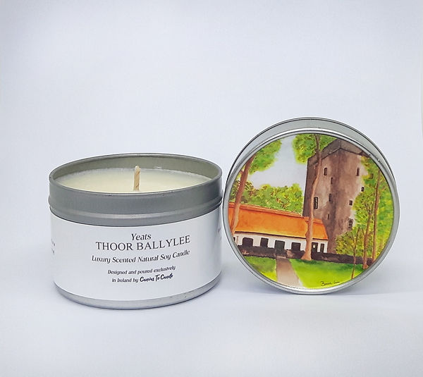 Thoor Ballylee Yeats Tower Gort special commissioned luxury scented soy wax candle original art work on lid