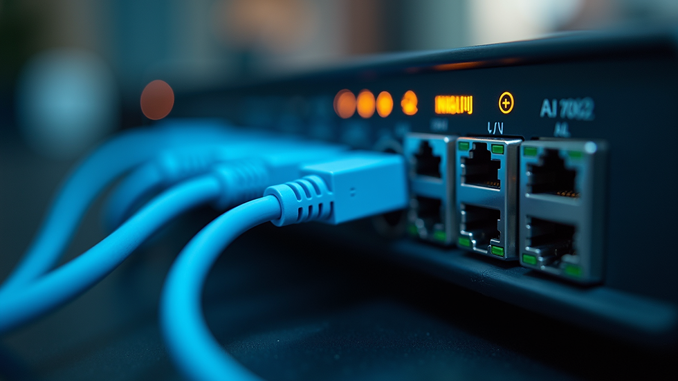 Close-up view of a network router with multiple Ethernet cables connected