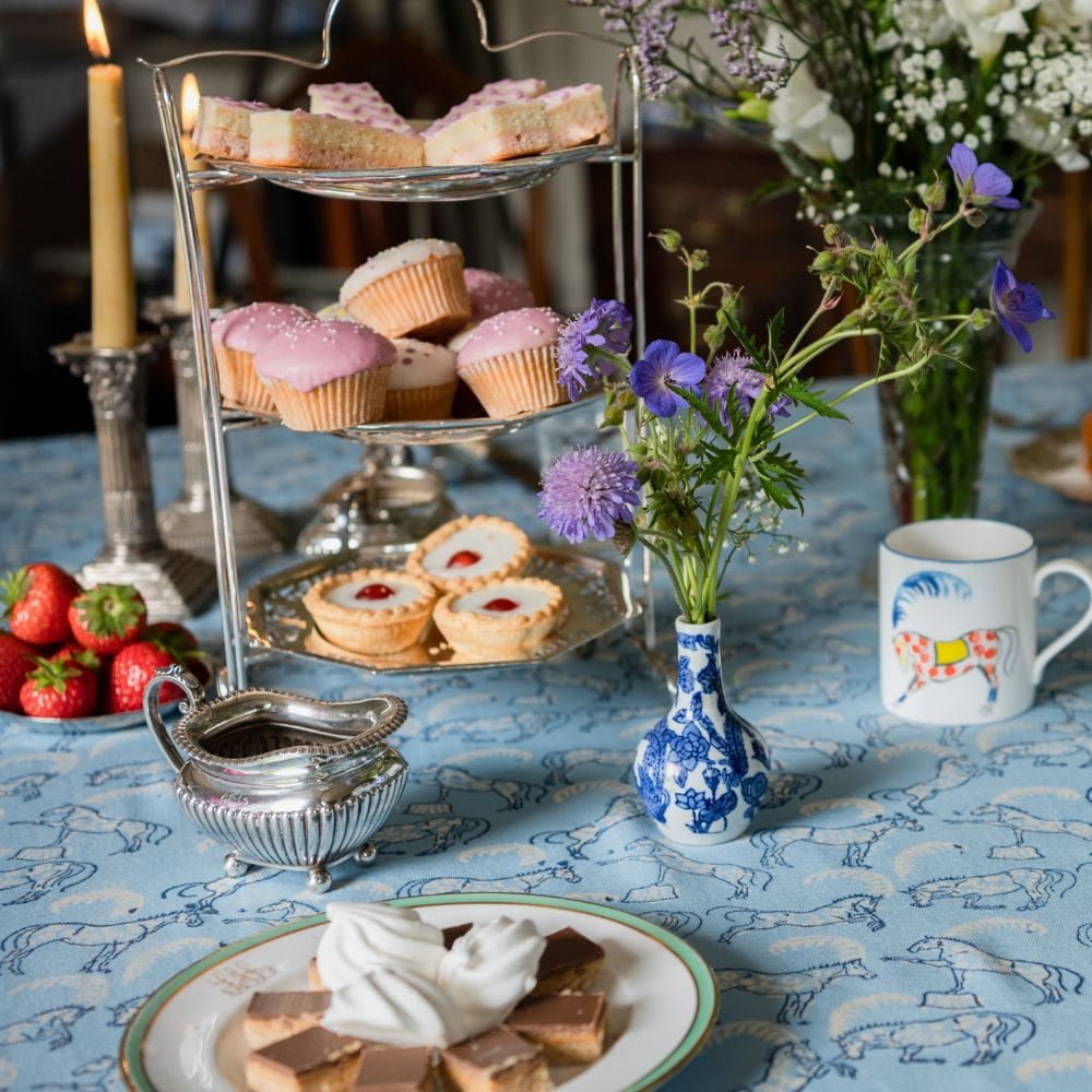 The Spotty Horse Tablecloth (Blue/Blue with Border)