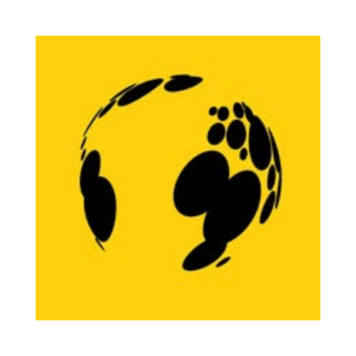 Stylized black globe icon on a yellow background