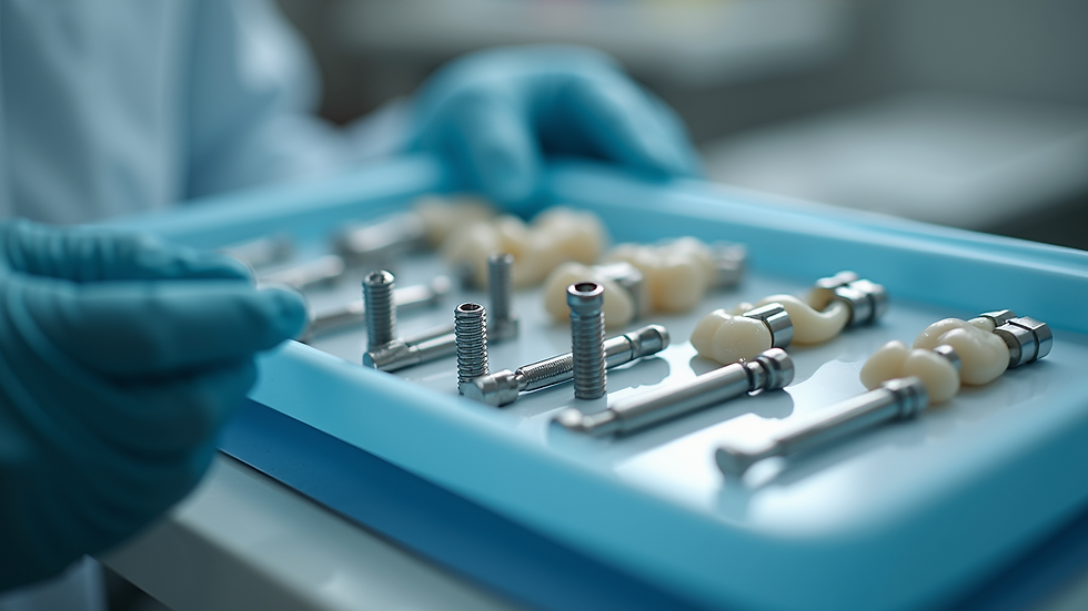 Eye-level view of dental implant components arranged on a tray