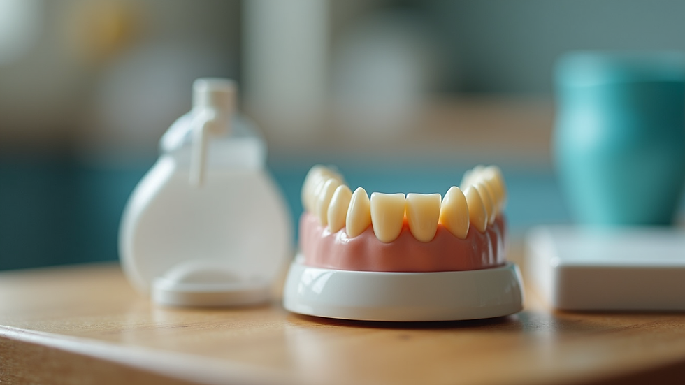 Eye-level view of a dental impression kit on a wooden table