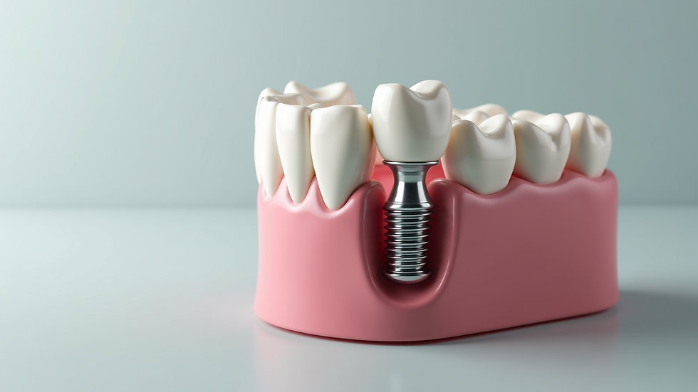 Close-up view of a dental implant model showing the integration with the jawbone
