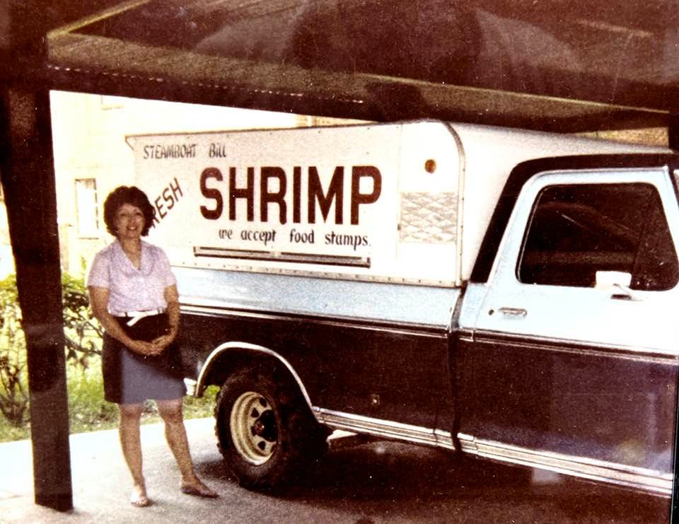 Kathi Bonamici Vidrine with her shrimp truck, 1984