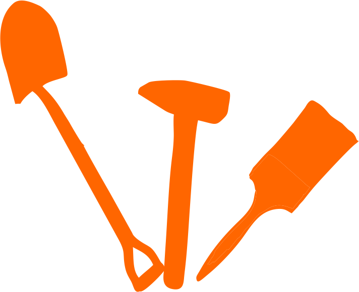 Orange icon showing shovel, hammer and painting brush