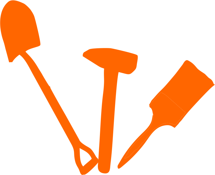 Orange icon showing shovel,  hammer and painting brush