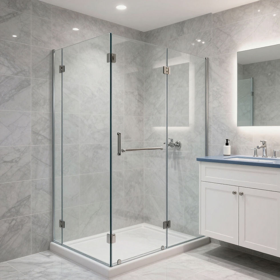 Bay Area bathroom remodel featuring gray tile walls and floors, a clear glass shower, and a vanity with white shaker doors.
