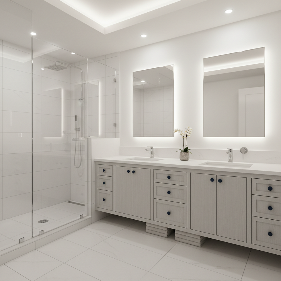 Bay Area bathroom remodel featuring a large walk-in shower, big mirror, and a double sink vanity with slim shaker drawers.