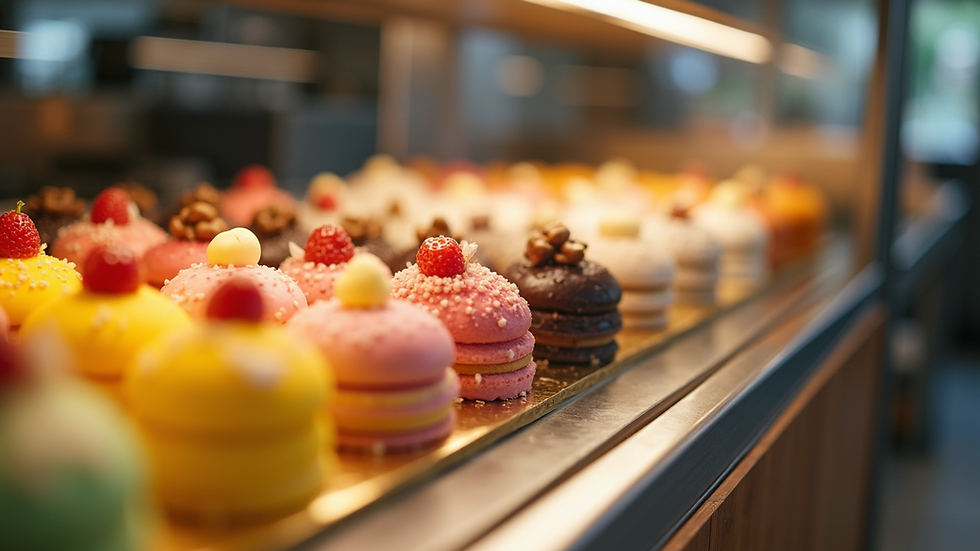 Eye-level view of a display case filled with colorful bento cakes in a bakery