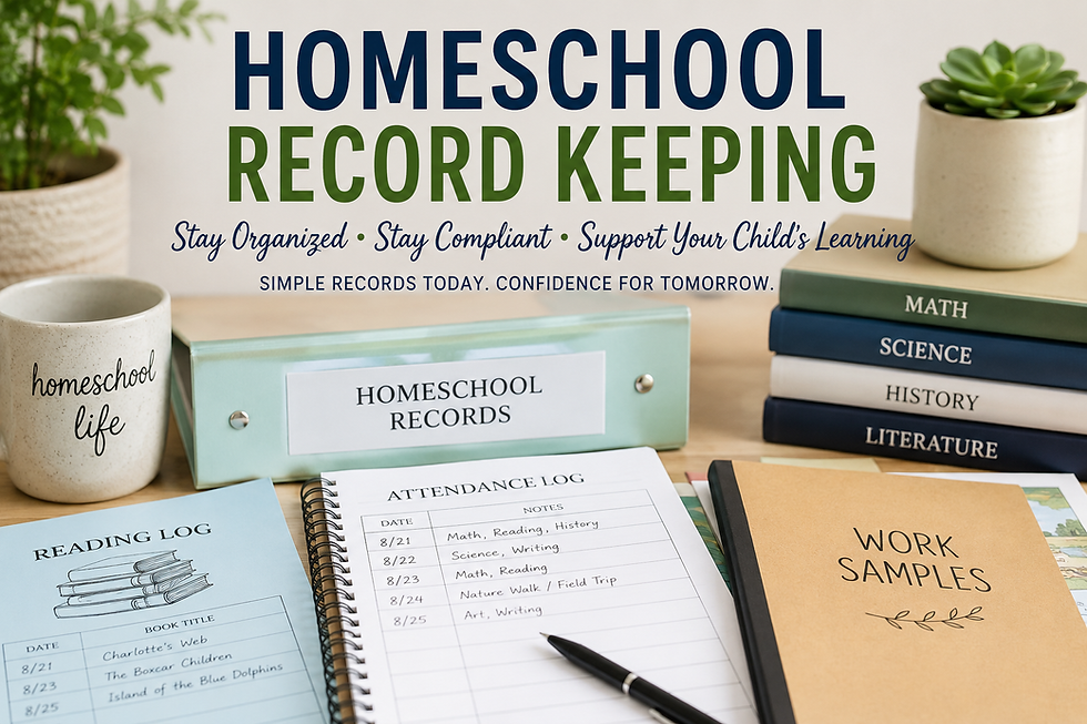 Homeschool record keeping workspace featuring attendance logs, reading records, student portfolios, curriculum planning, and homeschool organization tools.